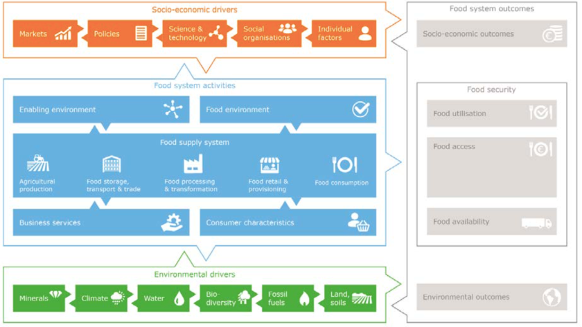 Figure 1: Food systems approach by van Berkum et al. (2018). Watch the following video to see how this holistic approach can apply to deltas.