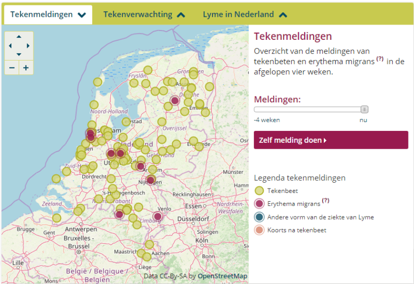 Overzicht van de meldingen van tekenbeten en erythema migrans(?) in de afgelopen vier weken